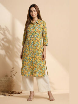 PANCHRANGA - Women Yellow Floral Handblock Cotton Kurta