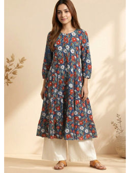 PANCHRANGA - Women Multicolor Midnight Bloom Hand Block Cotton Kurta