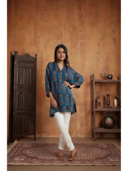 PANCHRANGA - Women Teal Heritage Ajrakh Modal Kaftan Kurta