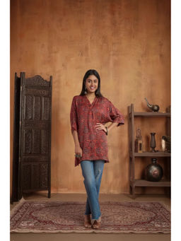 PANCHRANGA - Crimson Weave Ajrakh Modal Kaftan Short Kurti