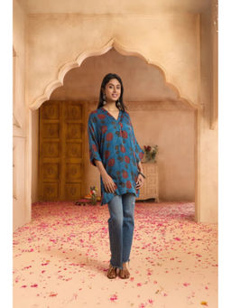 PANCHRANGA - Women Blue Azure Petal Ajrakh Modal Kaftan Short Kurti