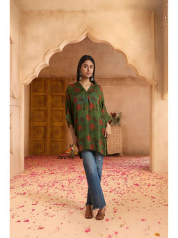 PANCHRANGA - Women Emerald Grove Ajrakh Modal Kaftan Kurta