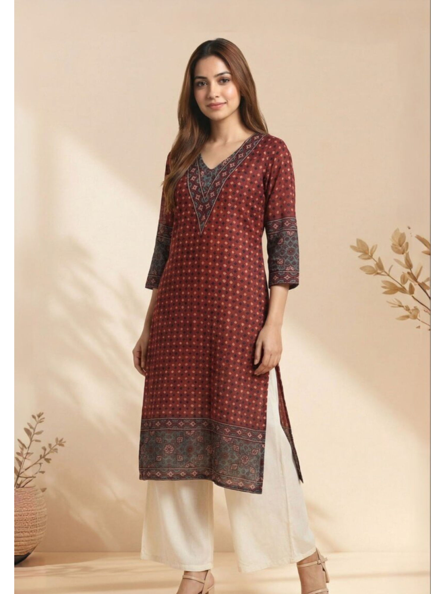panchranga Women Maroon Elegance Ajrakh Dobby Kurta-picture-33