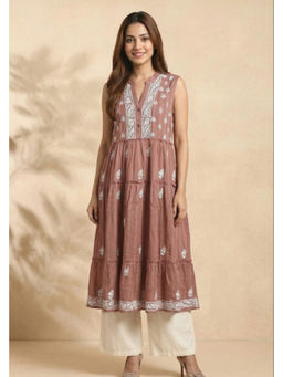 PANCHRANGA - Women Brown Cocoa Grace Hand Chikankari Cotton Dobby Kurta