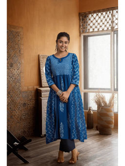 PANCHRANGA - Women Blue Hand Chikan and Block Placement Print Kurta