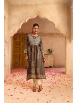 PANCHRANGA - Women Grey Hand Block Placement Print and Chikan Thread Detailing Kurta