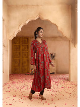 PANCHRANGA - Women Red Hand Ajrakh Print Modal Satin Kurta