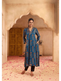PANCHRANGA - Women Blue Hand Ajrakh Print Modal Satin Kurta