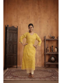 PANCHRANGA - Women Yellow Kota Doriy Adda Embroidery On Neckline Kurta