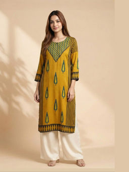 PANCHRANGA - Women Mustard Amber Veda Ajrakh Modal Kurta