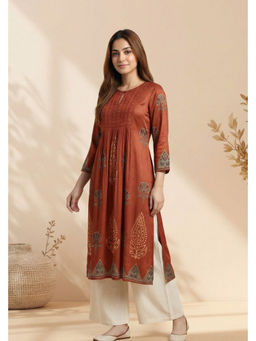 PANCHRANGA - Women Rust Veera Ajrakh Embroidered Modal Kurta