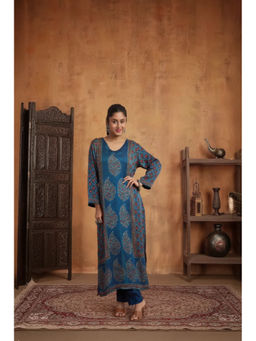 PANCHRANGA - Women Indigo Hand Ajrakh Placement Print Kurta