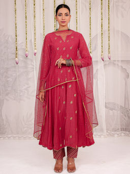 Myaara - Red Embroidered Anarkali with Pant and Dupatta