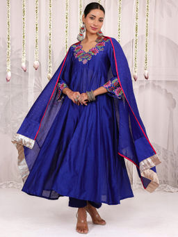 Myaara - Blue Embroidered Anarkali with Pant and Dupatta