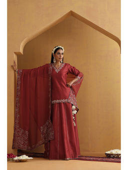 SUI KALA - Katha Embroidered Maroon Kurta with Lehenga and Dupatta