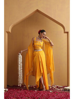 SUI KALA - Aangan Embroidered Draped Yellow Skirt with Blouse and Cape