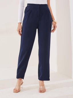 Latin Quarters - Womens Blue Solid Casual High Rise Straight Fit Trouser