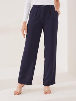 Latin Quarters - Womens Navy Blue Solid Casual High Rise Straight Fit Trouser