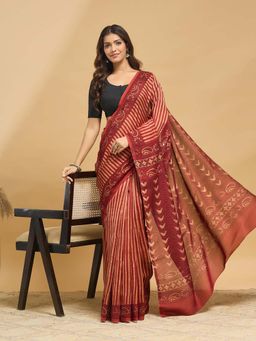 Fabindia - Red Cotton Silk Dabu Printed Saree with Unstitched Blouse