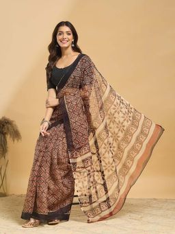 Fabindia - Brown Cotton Silk Bagru Printed Saree with Unstitched Blouse