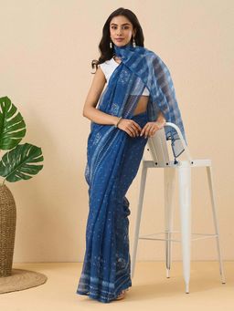 Fabindia - Blue Cotton Silk Dabu Printed Saree with Unstitched Blouse