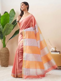 Fabindia - Peach Silk Saree with Unstitched Blouse