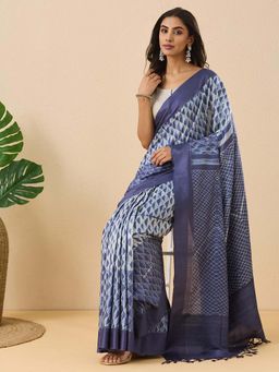 Fabindia - Blue Silk Tie and Dye Saree with Unstitched Blouse