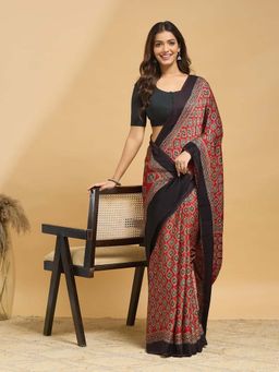 Fabindia - Black Viscose Blend Ajrakh Printed Saree with Unstitched Blouse