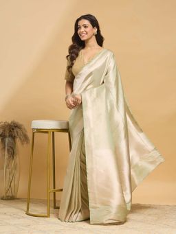 Fabindia - Beige Metallised Fiber and Silk Blend Saree with Unstitched Blouse