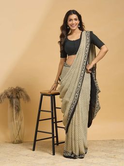 Fabindia - Yellow Viscose Bagru Printed Saree with Unstitched Blouse