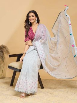 Fabindia - White Cotton Silk Hand Embroidered Saree with Unstitched Blouse