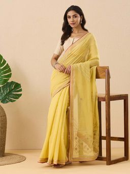 Fabindia - Yellow Cotton Silk Embroidered Saree with Unstitched Blouse