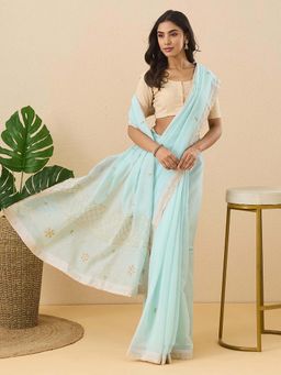 Fabindia - Light Blue Cotton Silk Embroidered Saree with Unstitched Blouse