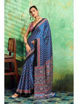 Mysilklove - Celestial Blue Ajrakh Satin Printed Silk Saree with Unstitched Blouse