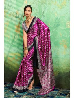 Mysilklove - Eminence Purple Ajrakh Satin Printed Silk Saree with Unstitched Blouse