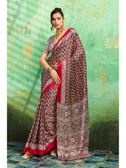Mysilklove - Wine Maroon Modal Ajrakh Satin Printed Silk Saree with Unstitched Blouse