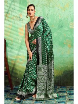 Mysilklove - Forest Green Modal Ajrakh Satin Printed Silk Saree with Unstitched Blouse