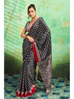Mysilklove - Attractive Black Ajrakh Satin Printed Silk Saree with Unstitched Blouse