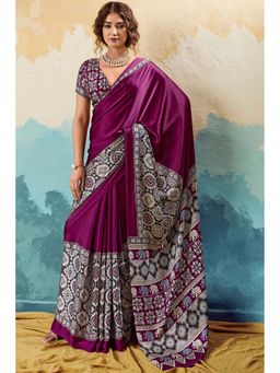 Mysilklove - Taco Purple Modal Ajrakh Satin Printed Silk Saree with Unstitched Blouse