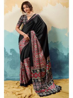 Mysilklove - Black Lichen Modal Ajrakh Satin Printed Silk Saree with Unstitched Blouse