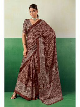 Mysilklove - Mulberry Brown Ajrakh Satin Printed Silk Saree with Unstitched Blouse