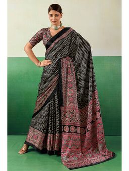 Mysilklove - Violet Black Modal Ajrakh Satin Printed Silk Saree with Unstitched Blouse