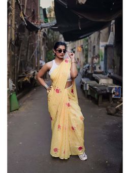 Mysilklove - Trombone Yellow Soft Linen Cotton Printed Saree with Unstitched Blouse
