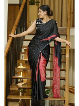 Mysilklove - Dark Majesty Black Gaji Bandej Soft Silk Saree with Unstitched Blouse