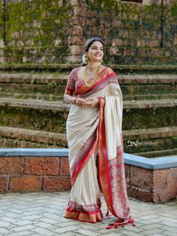 Mysilklove - Dusty Cream and Red Ajrakh Soft Silk Saree with Unstitched Blouse