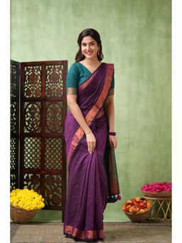Sutisancha - Magenta Royal Roots Golden Border Cotton Saree with Unstitched Blouse