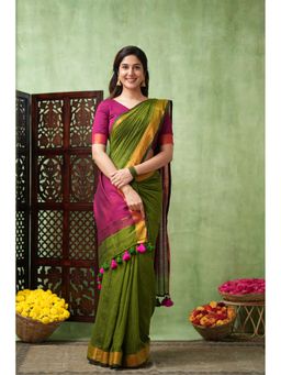 Sutisancha - Green Royal Roots Golden Border Cotton Saree with Unstitched Blouse