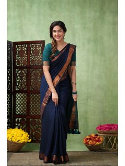 Sutisancha - Blue Royal Roots Golden Border Cotton Saree with Unstitched Blouse