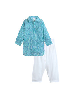 Hopscotch - Blue Pure Cotton Kurta And Pyjama (Set of 2)