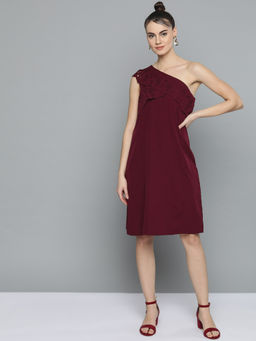 Marie Claire - Women Maroon Solid One Shoulder A-Line Dress